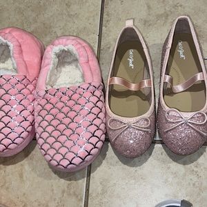 A pair of slippers and a pair of ballet shoes